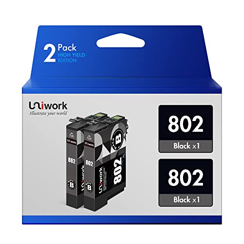 Uniwork Remanufactured Ink Cartridge Replacement for Epson 802 T802 use for Workforce Pro WF-4740 WF-4730 WF-4720 WF-4734 EC-4020 EC-4030 Printer Tray (2 Black)