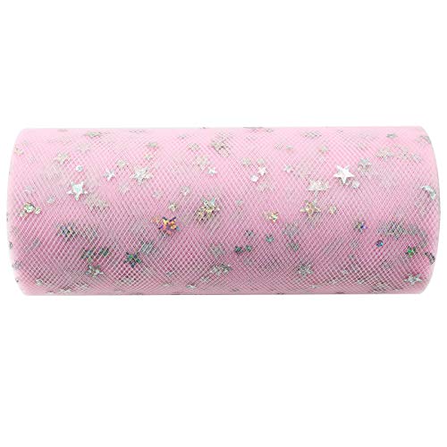 Ruiwaer 10 Yard Pink Star Sequins Tulle Sparkling Tulle 6" Width Tulle Roll for Handmade Crafts Such as Bows, Skirts or Gift Wrapping