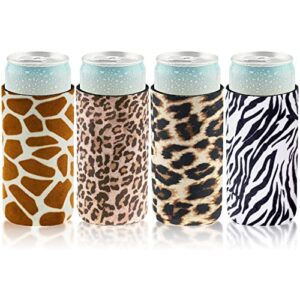 casa-eco soft velvet fabric neoprene slim can cooler, 12oz beverage skinny cans sleeves for girls, wedding, bachelorette party, events, 4 pack (leopard-zebra-giraffe-cheetah)