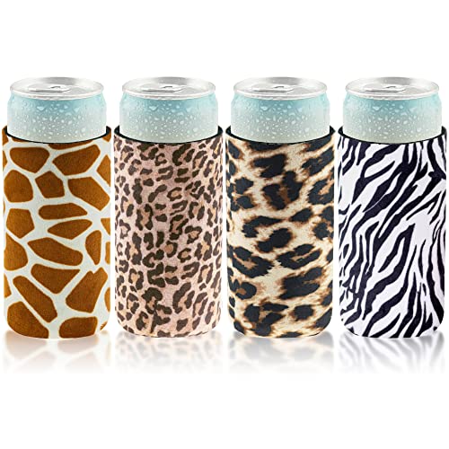 Casa-Eco Soft Velvet Fabric Neoprene Slim Can Cooler, 12oz Beverage Skinny Cans Sleeves for Girls, Wedding, Bachelorette Party, Events, 4 Pack (Leopard-Zebra-Giraffe-Cheetah)