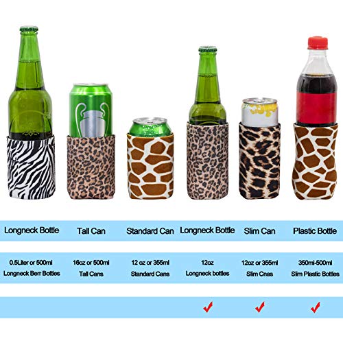 Casa-Eco Soft Velvet Fabric Neoprene Slim Can Cooler, 12oz Beverage Skinny Cans Sleeves for Girls, Wedding, Bachelorette Party, Events, 4 Pack (Leopard-Zebra-Giraffe-Cheetah)