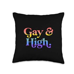 gay and high funny lesbian lgbtq pride flag gifts gay and high funny weed marijuana retro lgbtq pride flag throw pillow, 16x16, multicolor