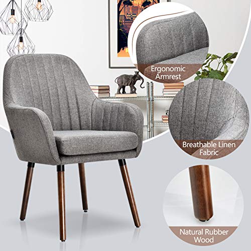 Giantex Set of 4 Fabric Dining Chairs, Accent Upholstered Arm Chair w/Wood Legs, Thick Sponge Seat, Non-Slipping Pads, Modern Leisure Chair for Dining Room, Living Room, Bedroom (4, Grey)