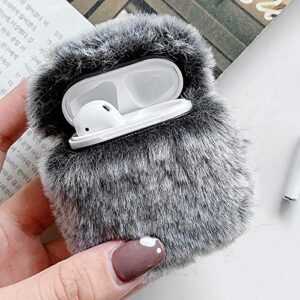case for airpods 1 case airpods 2 fluffy case faux rabbit fur cover plush furry fashion cute pc protective case shockproof cover for airpods 1st & 2nd gen with carabiner,grey