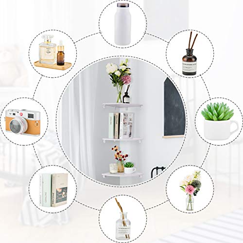 3 Pieces Wall Mounted Floating Corner Shelf Tier Quarter Round Storage Shelves Corner Organizer for Bathroom Kitchen Bedroom Living Room (White)