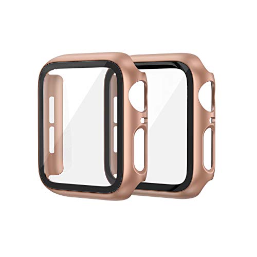 EDIMENS 2 Pack Hard PC Case Compatible with Apple Watch Series 6 / SE / 5/4 40mm Women Men, Overall PC Case Slim Tempered Glass Screen Protector Protective Cover for Apple iWatch 40mm SE Rose