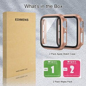 EDIMENS 2 Pack Hard PC Case Compatible with Apple Watch Series 6 / SE / 5/4 40mm Women Men, Overall PC Case Slim Tempered Glass Screen Protector Protective Cover for Apple iWatch 40mm SE Rose