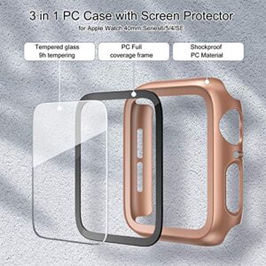 EDIMENS 2 Pack Hard PC Case Compatible with Apple Watch Series 6 / SE / 5/4 40mm Women Men, Overall PC Case Slim Tempered Glass Screen Protector Protective Cover for Apple iWatch 40mm SE Rose