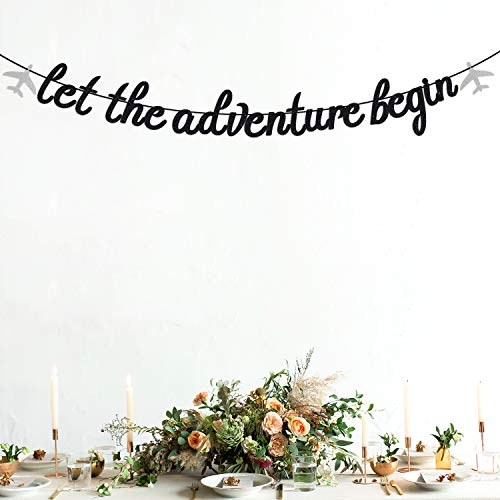 Black Glitter Let The Adventure Begin Banner - Congrats Grad Bunting Sign - Graduation/Retirement/Bon Voyage/Baby Shower/Moving Party/Travel Theme Party Decorations