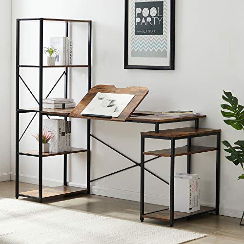 Merax, Brown Computer Desk, 65" Study Writing Home Office, Drafting Drawing Table with 5-Tier Bookshelf, 2 Open Storage Shelf and Tiltable Desktop