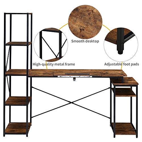 Merax, Brown Computer Desk, 65" Study Writing Home Office, Drafting Drawing Table with 5-Tier Bookshelf, 2 Open Storage Shelf and Tiltable Desktop