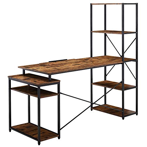 Merax, Brown Computer Desk, 65" Study Writing Home Office, Drafting Drawing Table with 5-Tier Bookshelf, 2 Open Storage Shelf and Tiltable Desktop