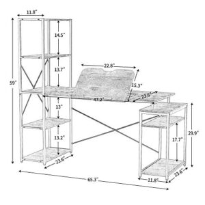 Merax, Brown Computer Desk, 65" Study Writing Home Office, Drafting Drawing Table with 5-Tier Bookshelf, 2 Open Storage Shelf and Tiltable Desktop