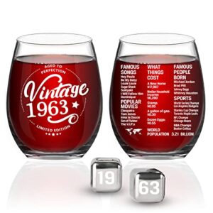 greatingreat 1963 old time information 60th birthday gifts for women men - 1963 vintage 15 oz stemless wine glass - 60 year old birthday party decorations - sixty class reunion ideas