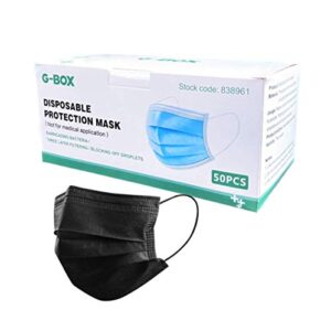 g-box 3-ply adult black disposable face masks with elastic earloops & metal nose-wire (50, black)