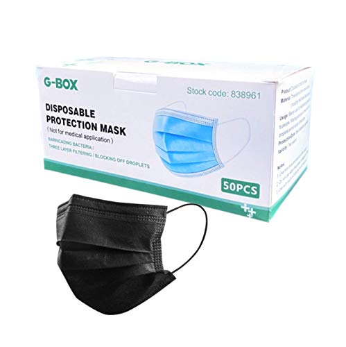 G-BOX 3-Ply Adult Black Disposable Face Masks with Elastic Earloops & Metal Nose-wire (50, Black)