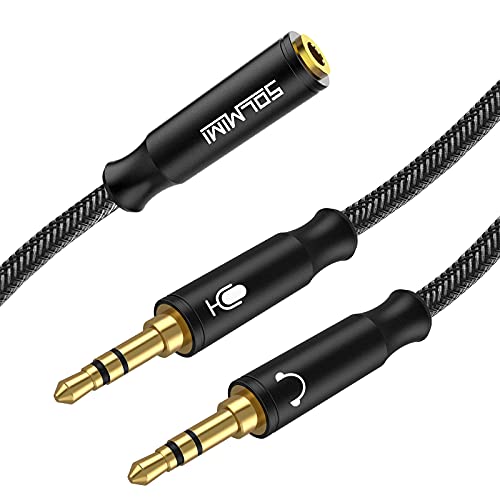 SOLMIMI Headset Splitter Cable for PC 3.5mm Crystal-Nylon Braid 3.5mm Female to Dual 3.5mm TRS Male Headphone Mic Audio Y Splitter Cable CTIA Gaming Headset to PC Adapter - Matte Black 0.3M