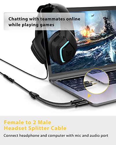 SOLMIMI Headset Splitter Cable for PC 3.5mm Crystal-Nylon Braid 3.5mm Female to Dual 3.5mm TRS Male Headphone Mic Audio Y Splitter Cable CTIA Gaming Headset to PC Adapter - Matte Black 0.3M