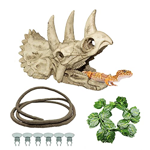 Tfwadmx Bearded Dragon Tank Accessories Resin Dinosaur Triceratops Skull Skeleton Reptiles Hideouts Cave Vines Leaves Aquarium Decorations for Lizards,Chameleon,Snake,Spider,Gecko