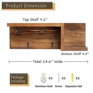 AKKO Wooden Key Holder for Wall Decorative Mail and Key Holder Organizer with 4 Key Hooks and “Z” Shape Wall Mount Floating Shelf ,Rustic Home Decor for Wall, Entryway, Mudroom, Bathroom