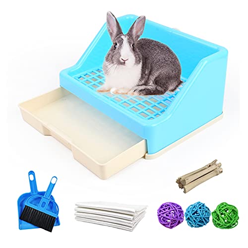 kathson Rabbit Litter Box with Drawer, Small Animal Litter Pet Toilet Potty Trainer Corner Bunny Litter Bedding Box Plastic Pet Pan for Hamster/Guinea Pig/Ferret/Galesaur/Chinchilla (Blue)