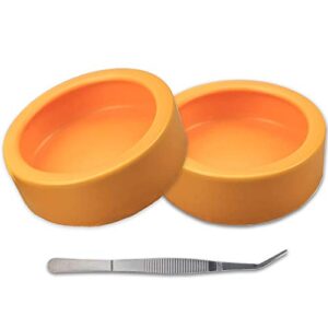 2 Pack Worm Dish Reptile Food Bowl Bearded Dragon Ceramic Bowl with Feeding Tongs (Yellow-Large)