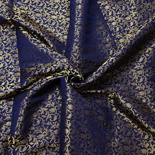 Brocade Art Silk Fabric Navy Blue Brocade Fabric by The Yard Home Decor Wedding Lehenga Fabric