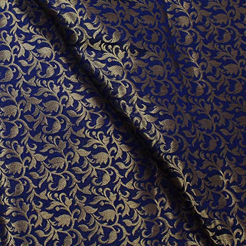 Brocade Art Silk Fabric Navy Blue Brocade Fabric by The Yard Home Decor Wedding Lehenga Fabric