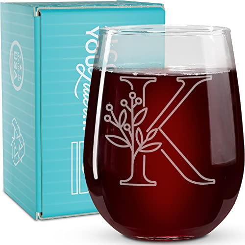 On The Rox Drinks Monogrammed Gifts For Women and Men - Letter A-Z Initial Engraved Monogram Stemless Wine Glass - 17 Oz Personalized Wine Gifts For Women and Men (K)