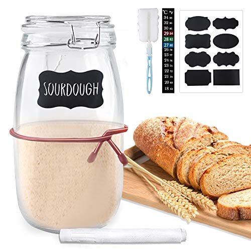 Sourdough Starter Jar Kit, 50 Oz DIY Sourdough Starter Jar with Thermometer, Chalkboard Marker, Sticker, Cable Tie, Brushes - Reusable Sourdough Jar Kit, Use for Home Bakery & Dry Food Storage