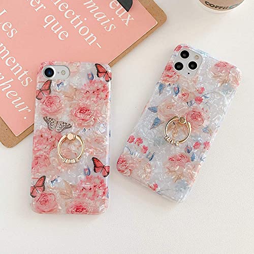 Qokey Compatible with iPhone SE Case 2022/2020,iPhone 8 Case,iPhone 7 Case 4.7 inch Flower Cute Fashion Cover for Women Girl 360 Degree Rotating Ring Kickstand Soft TPU Shockproof Cover Rose Butterfly