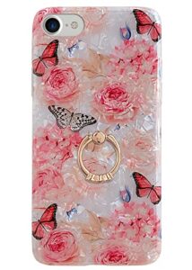 qokey compatible with iphone se case 2022/2020,iphone 8 case,iphone 7 case 4.7 inch flower cute fashion cover for women girl 360 degree rotating ring kickstand soft tpu shockproof cover rose butterfly