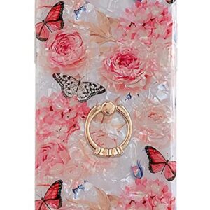 Qokey Compatible with iPhone SE Case 2022/2020,iPhone 8 Case,iPhone 7 Case 4.7 inch Flower Cute Fashion Cover for Women Girl 360 Degree Rotating Ring Kickstand Soft TPU Shockproof Cover Rose Butterfly