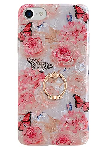 Qokey Compatible with iPhone SE Case 2022/2020,iPhone 8 Case,iPhone 7 Case 4.7 inch Flower Cute Fashion Cover for Women Girl 360 Degree Rotating Ring Kickstand Soft TPU Shockproof Cover Rose Butterfly