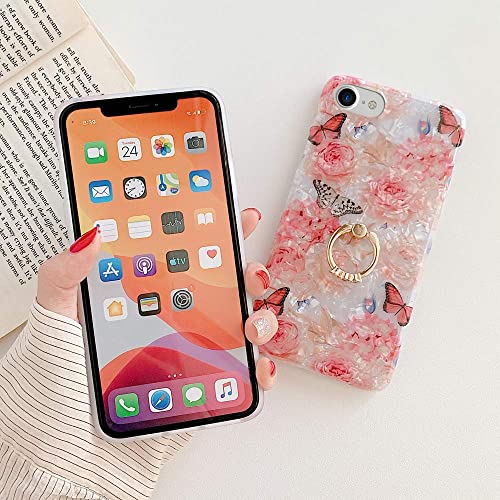 Qokey Compatible with iPhone SE Case 2022/2020,iPhone 8 Case,iPhone 7 Case 4.7 inch Flower Cute Fashion Cover for Women Girl 360 Degree Rotating Ring Kickstand Soft TPU Shockproof Cover Rose Butterfly