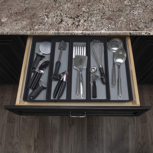 ELTOW Expandable Utensil Drawer Organizer, 5 Compartment Non-Slip & Adjustable Utensil Tray for Kitchen Drawers, Kitchen Organization for Utensils, Office Supplies, Flatware Storage - Black