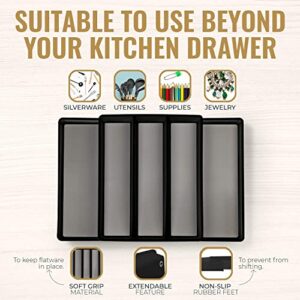 ELTOW Expandable Utensil Drawer Organizer, 5 Compartment Non-Slip & Adjustable Utensil Tray for Kitchen Drawers, Kitchen Organization for Utensils, Office Supplies, Flatware Storage - Black