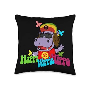 happy hippie hippo gifts for hippie lover funny hippie hippo 90s 80s throw pillow, 16x16, multicolor