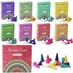 incense cones, assorted scented incense cones with holder, incense gift set for mothers day, rose, sage, lavender, violet, cinnamon, eucalyptus, sandalwood, rain forest, 120 cones total