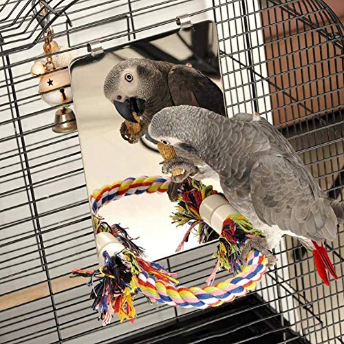 Tylu 6.6 Inch Bird Mirror for Cage Accessories with Rope Perch, Bird Swing Toys Perches for Conures Parakeet Parrot Cockatoo Cockatiel Lovebirds Finch Canaries