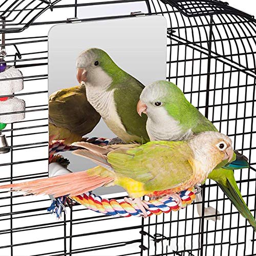 Tylu 6.6 Inch Bird Mirror for Cage Accessories with Rope Perch, Bird Swing Toys Perches for Conures Parakeet Parrot Cockatoo Cockatiel Lovebirds Finch Canaries