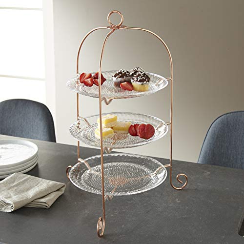 Huang Acrylic 3-Tier 10” Plate Cake Cupcake Dessert Pastry Cookie Display Platter with Rose Gold Metal Stand, Tiered Serving Trays for Tea Party, Home Decor, Wedding Display 14 x 14 x 20 inches