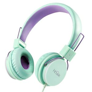 hotcok h37 kids headphones for girls boys foldable adjustable on ear headphones 3.5mm jack wired cord for school,home,airplane,car(green/purple)