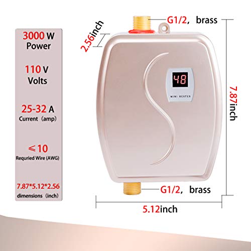 3000W Mini Electric Tankless Hot Water Heater Instant Hot Water Heating Machine for Kitchen Bathroom GOLD 110V