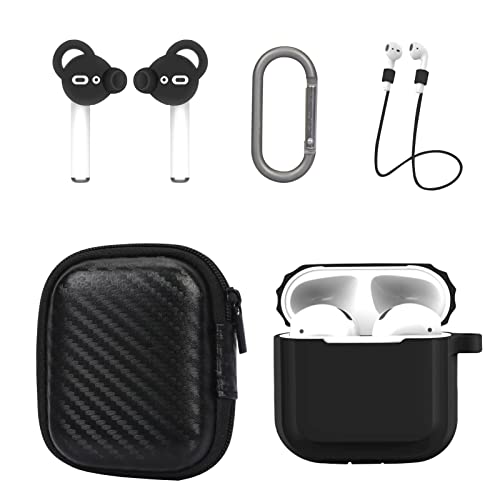 FYY Airpods Case, 5 in 1 Airpod Accessories Set, Silicone Protective Case for AirPods 1st Gen & 2nd Gen Charging Case with AirPods Ear Hooks, Anti-Lost Lanyards, Keychain, Carrying Case Black