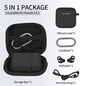 FYY Airpods Case, 5 in 1 Airpod Accessories Set, Silicone Protective Case for AirPods 1st Gen & 2nd Gen Charging Case with AirPods Ear Hooks, Anti-Lost Lanyards, Keychain, Carrying Case Black