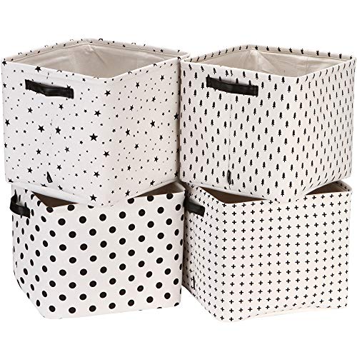Sea Team Collapsible Canvas Fabric Storage Basket with Handles, Square Storage Box, Cube, Foldable Shelf Basket, Closet, Desk Organizer for Nursery, Home, Office (Black, Set of 4)