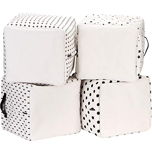 Sea Team Collapsible Canvas Fabric Storage Basket with Handles, Square Storage Box, Cube, Foldable Shelf Basket, Closet, Desk Organizer for Nursery, Home, Office (Black, Set of 4)