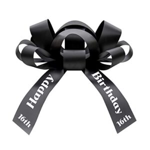 Big Car Bow with Happy 16th Birthday Message, Celebrate Sixteen Giant Gift Bow (Black Bow White Font)