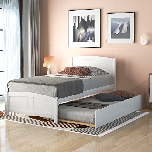 Rockjame Twin Platform Bed with Trundle, Minimalistic Stylish Wood Bed Frame, Easy to Install (White)